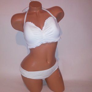 Victoria Secret Swim‎ Bikini 38C Top Large Bottom Solid White Scallop Trim Lined